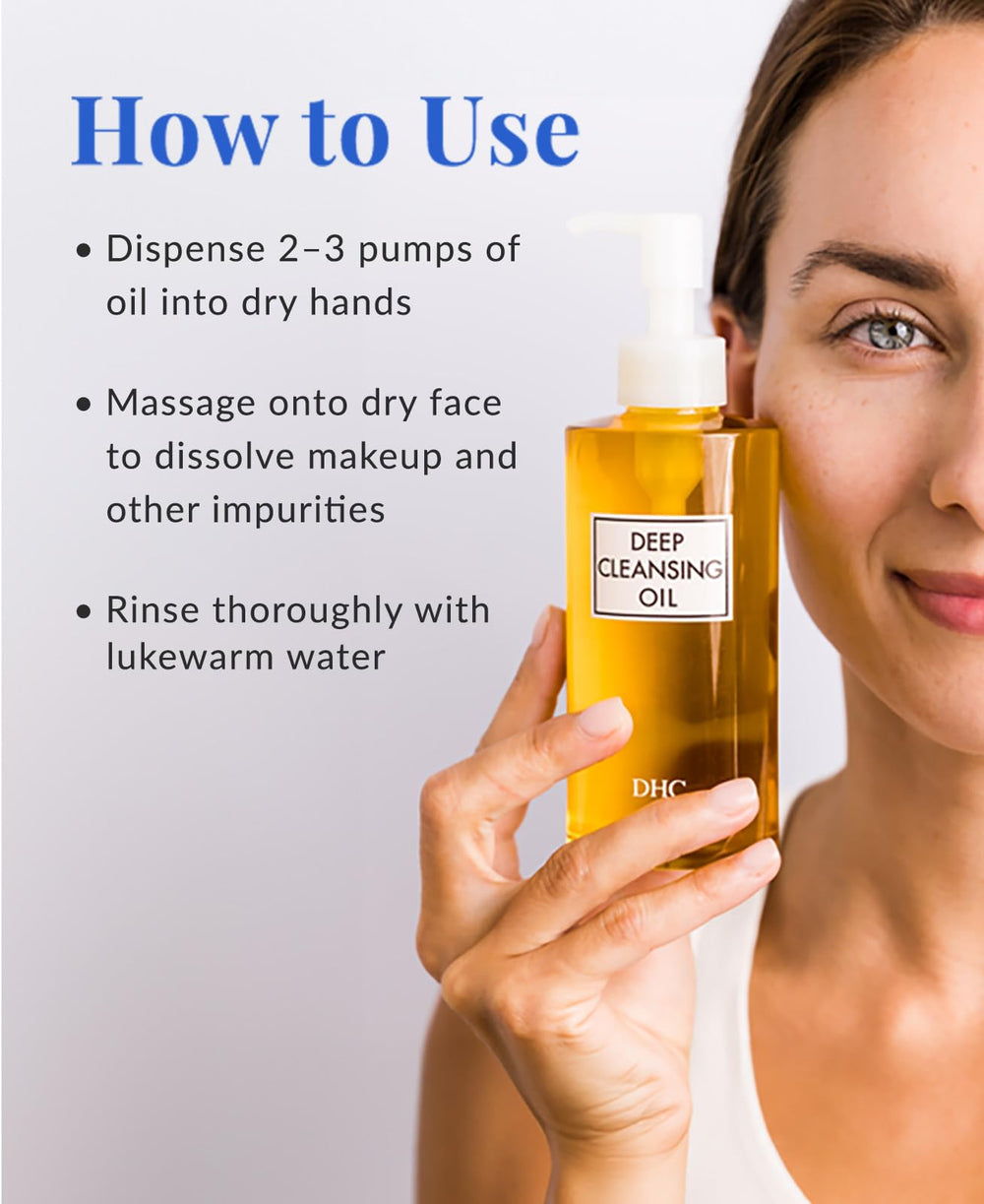 DHC Deep Cleansing Oil in hand emphasizes massaging away makeup.