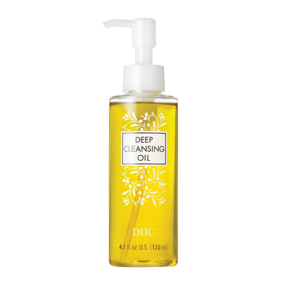 DHC Deep Cleansing Oil Medium bottle shows fragrance-free cleansing for all skin types.