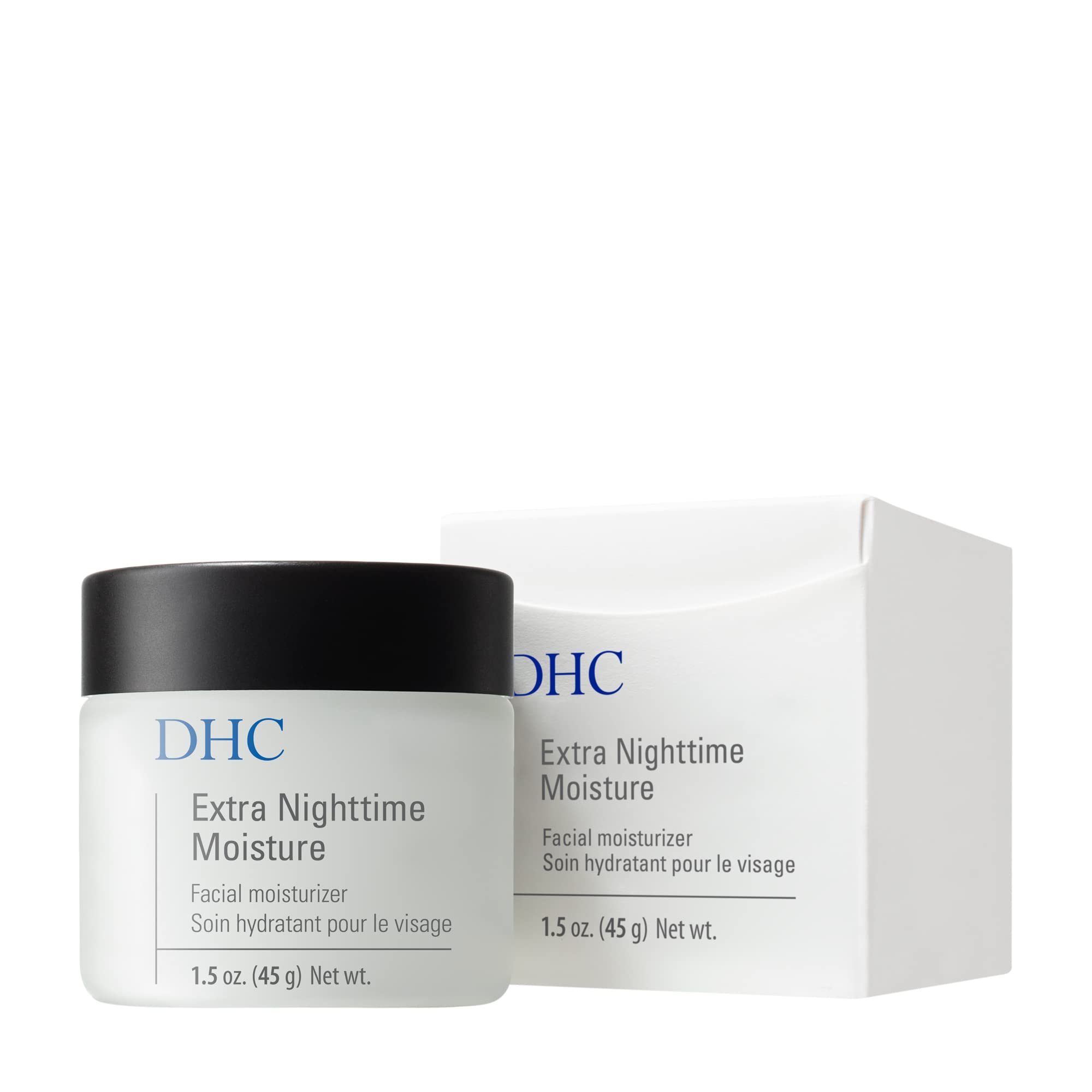 DHC Extra Nighttime Moisture bottle back highlights fragrance-free formula and key ingredients
