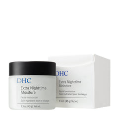 DHC Extra Nighttime Moisture bottle back highlights fragrance-free formula and key ingredients