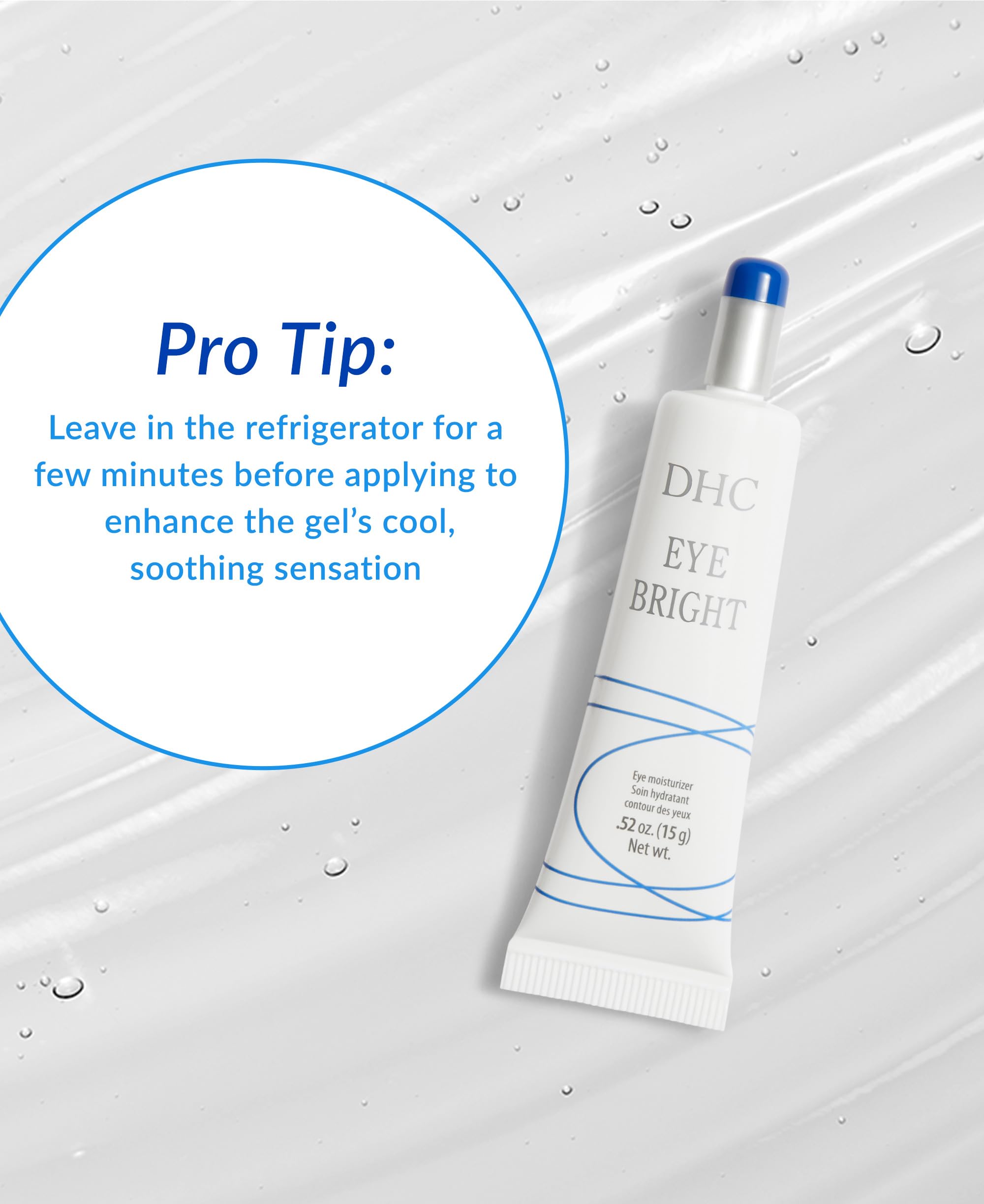 DHC Eye Bright application routine illustrates soothing botanicals on skin.