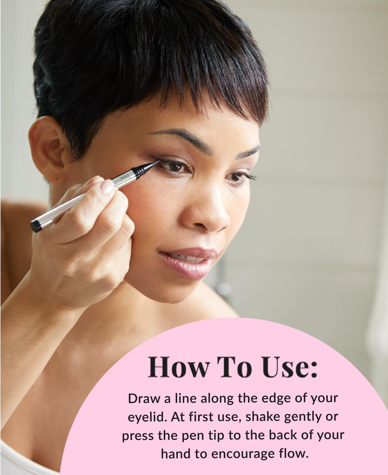 DHC Liquid Eyeliner EX in black enables bold cat-eye looks.