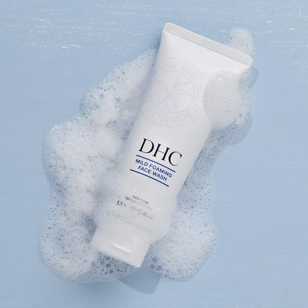 DHC Mild Foaming Face Wash apply-face shows creamy foam for gentle cleansing.