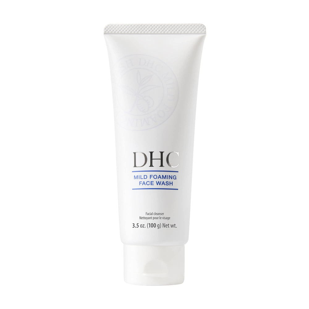 DHC Mild Foaming Face Wash package shown, travel-ready 3.5 oz tube for daily cleansing.