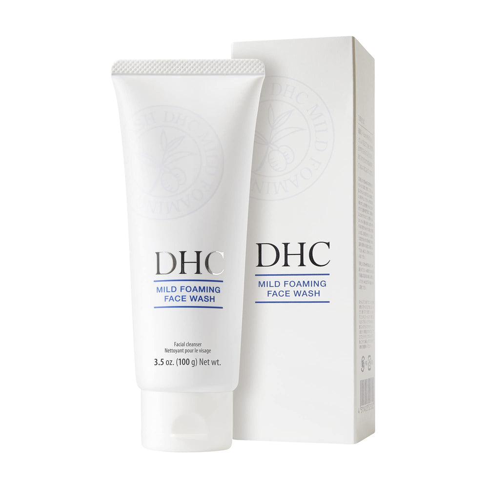 DHC Mild Foaming Face Wash tube cap highlights a gentle, hydrating cleanse.