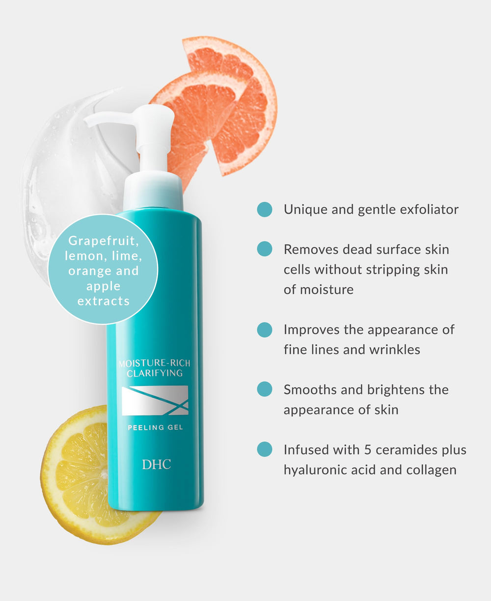 DHC Moisture-Rich Clarifying Peeling Gel application demonstrates even-toned, refreshed skin.