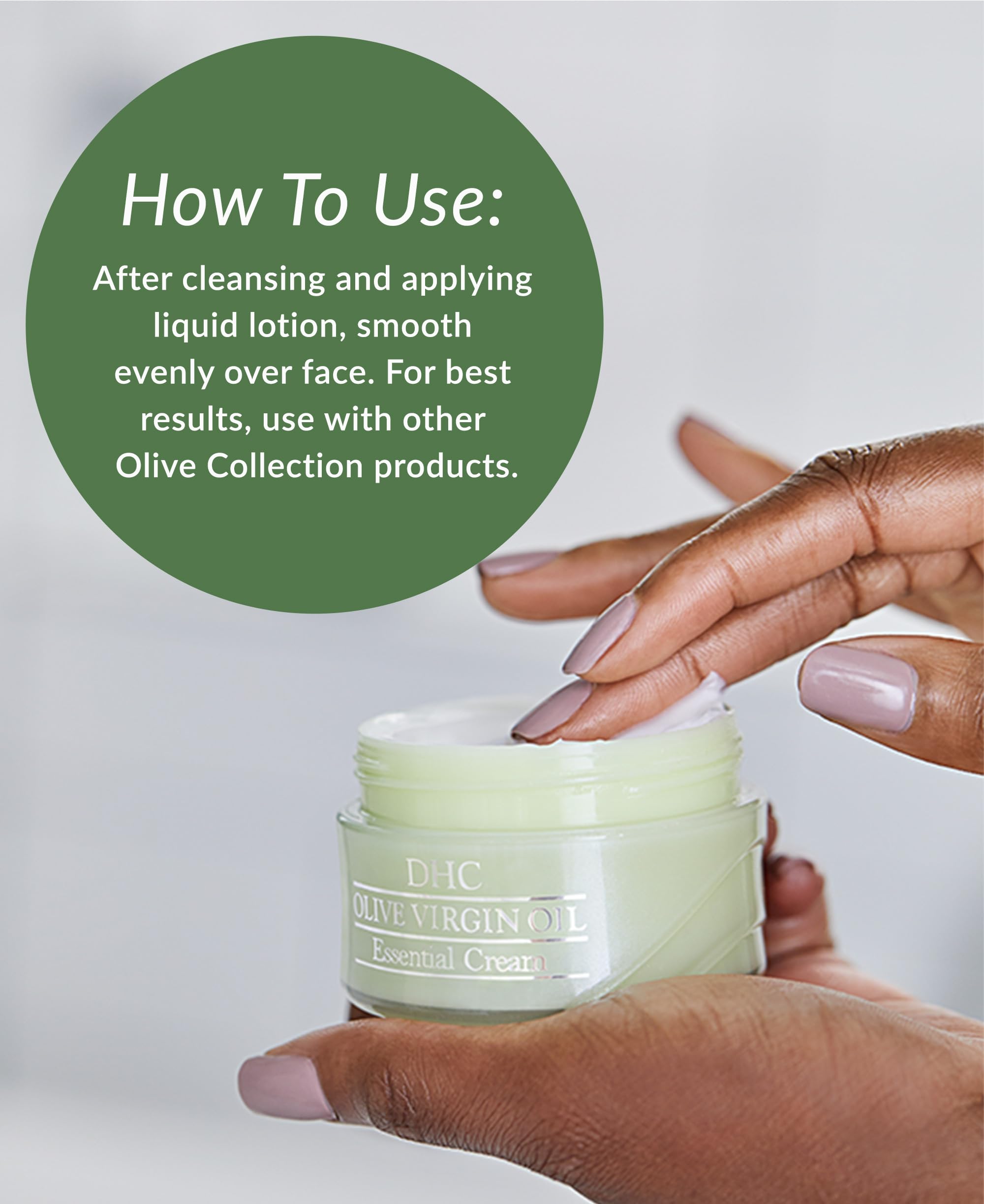 DHC Olive Virgin Oil Essential Cream absorption swatch demonstrates quick, residue-free hydration.
