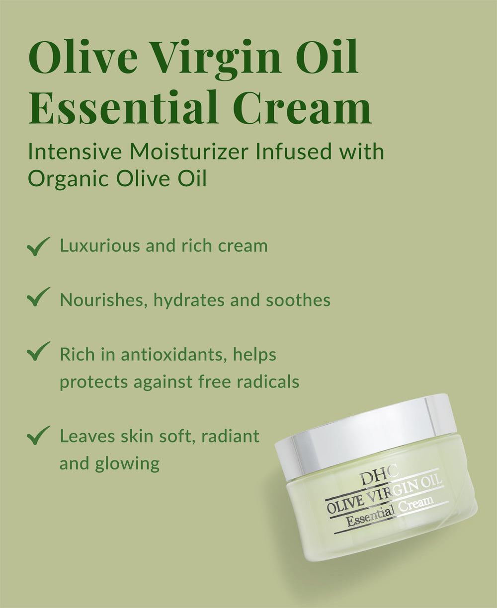 DHC Olive Virgin Oil Essential Cream radiant skin depiction emphasizing glow and smooth texture.