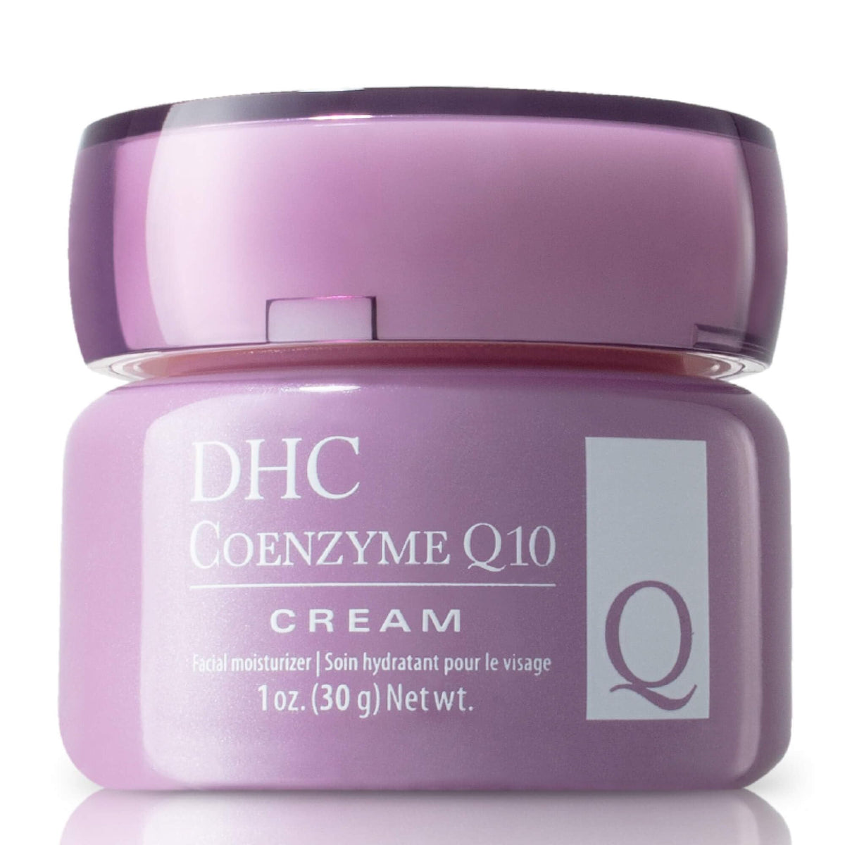 DHC Q10 Cream bottle closeup highlights nourishing formula for dry skin relief.