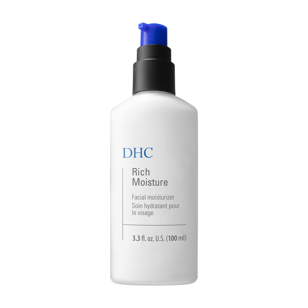 DHC Rich Moisture bottle top view highlights fragrance-free, lightweight hydration for dry skin.