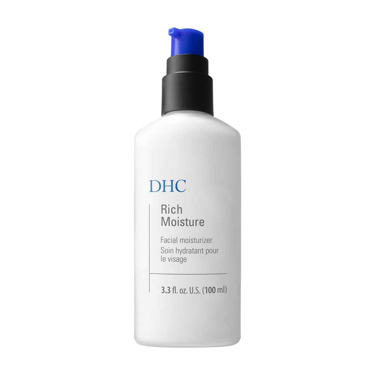 DHC Rich Moisture bottle top view highlights fragrance-free, lightweight hydration for dry skin.