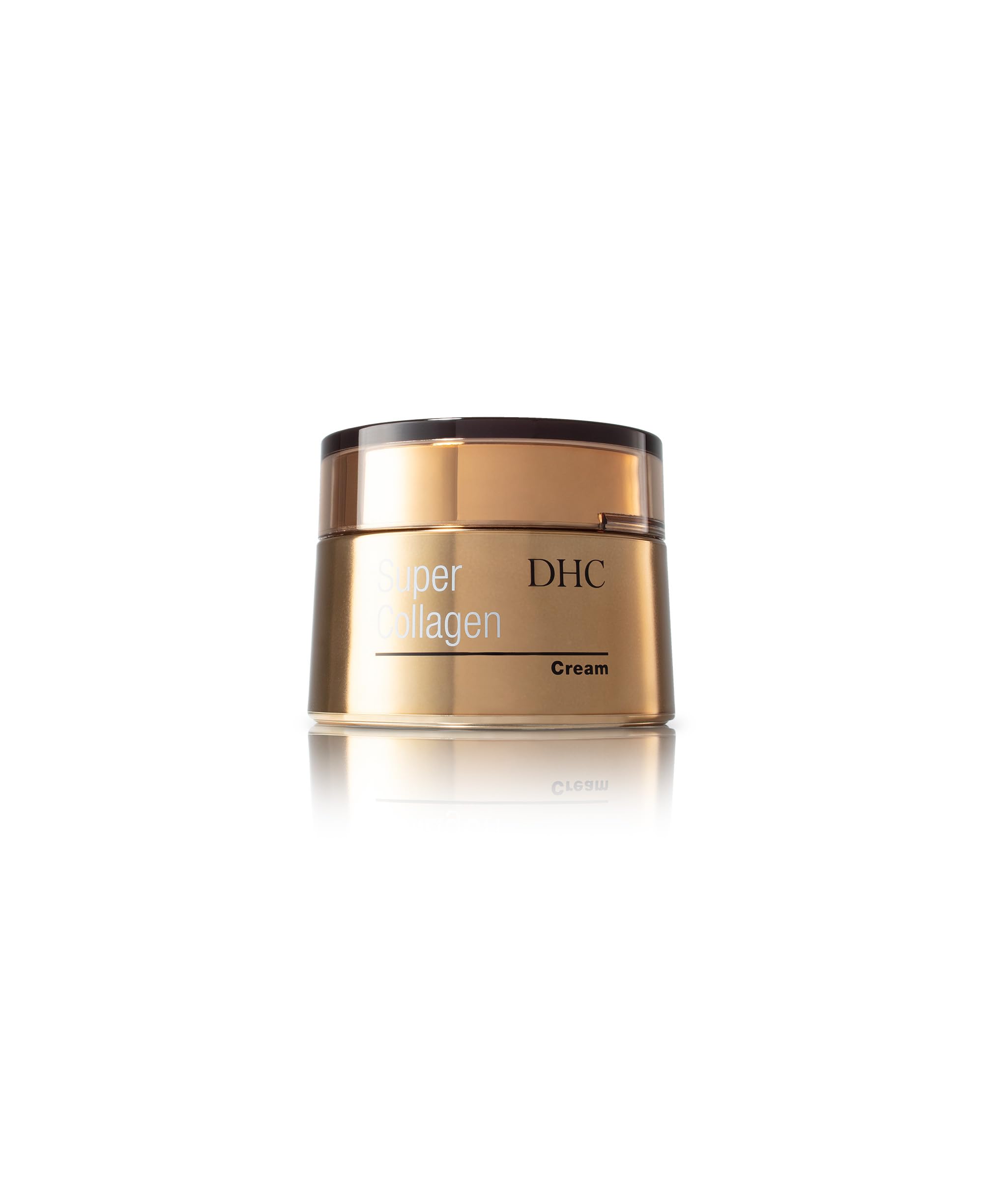 DHC Super Collagen Cream jar close-up shows a smooth, skin-plumping texture.