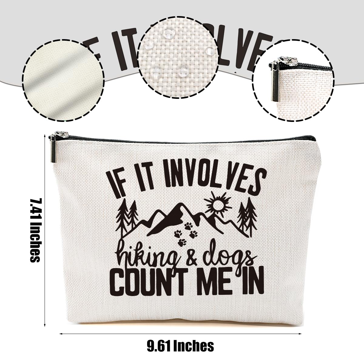 DHKG makeup pouch closeup shows smooth zipper and durable linen material