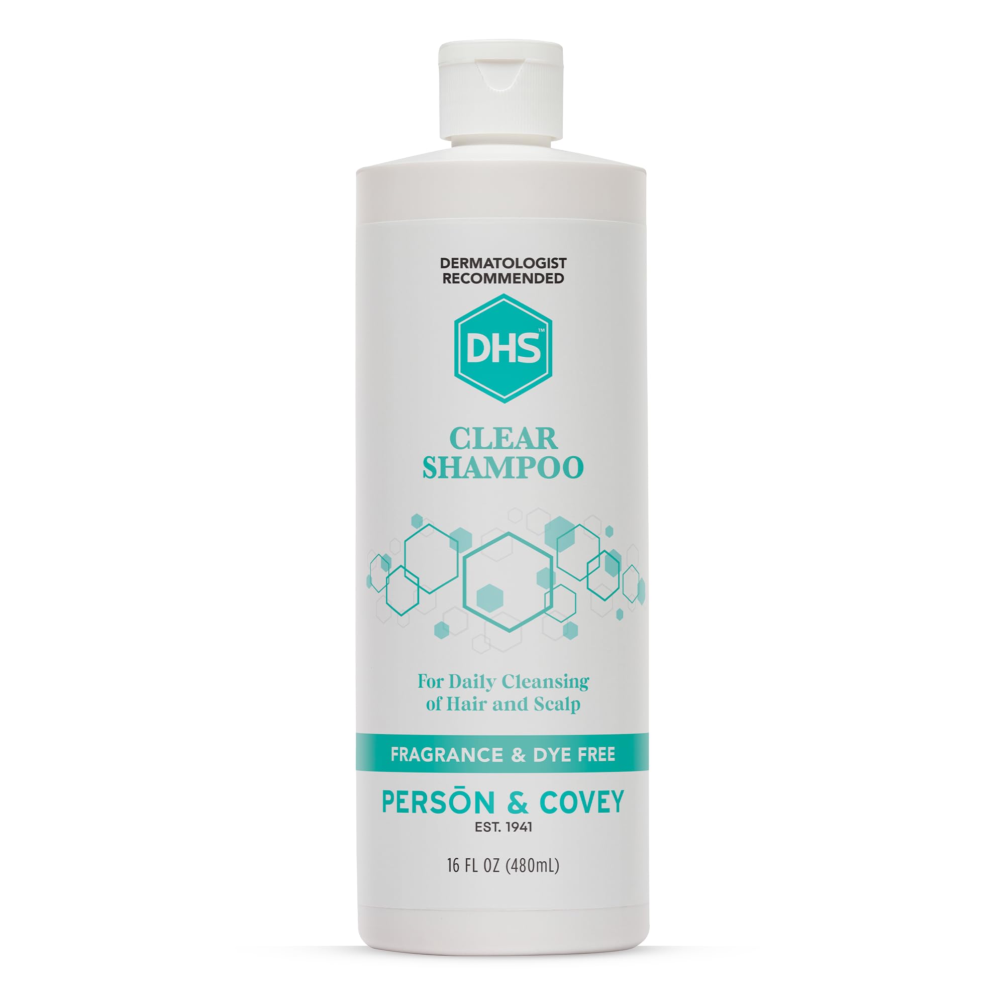 DHS Clear Shampoo 16oz bottle for gentle daily cleansing on sensitive skin.