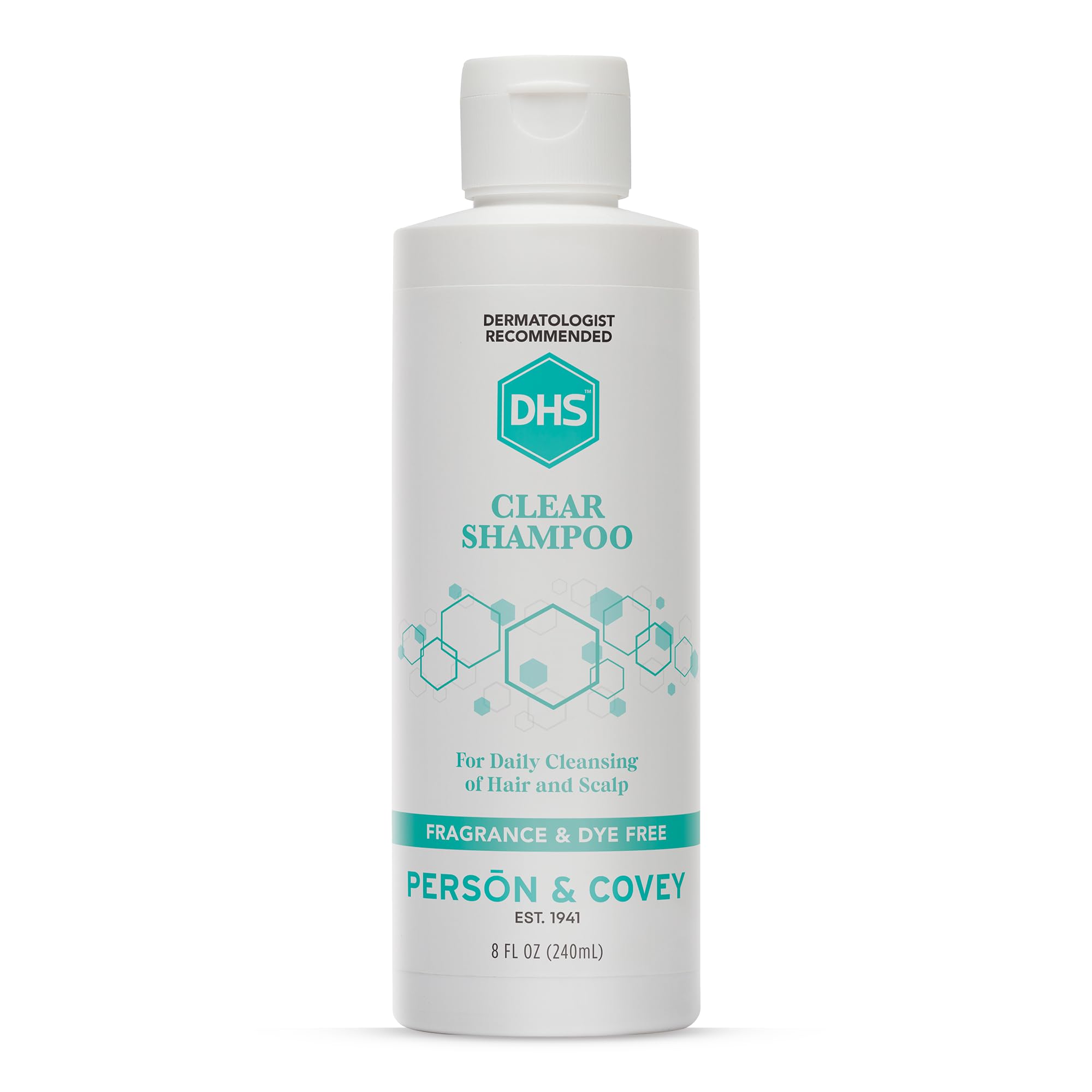 DHS Clear Shampoo bottle closeup showing unscented formula for sensitive skin.