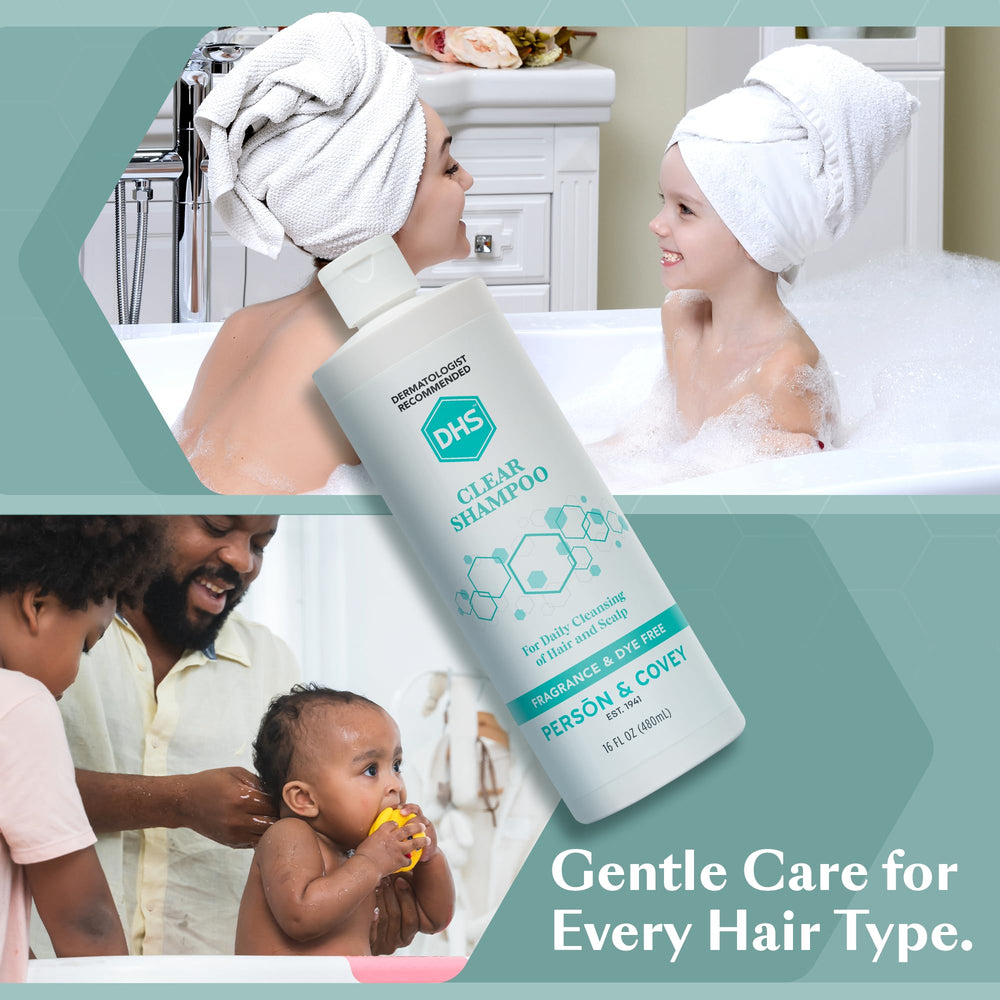 DHS Clear Shampoo bottle with pump-top for easy, gentle dispensing.