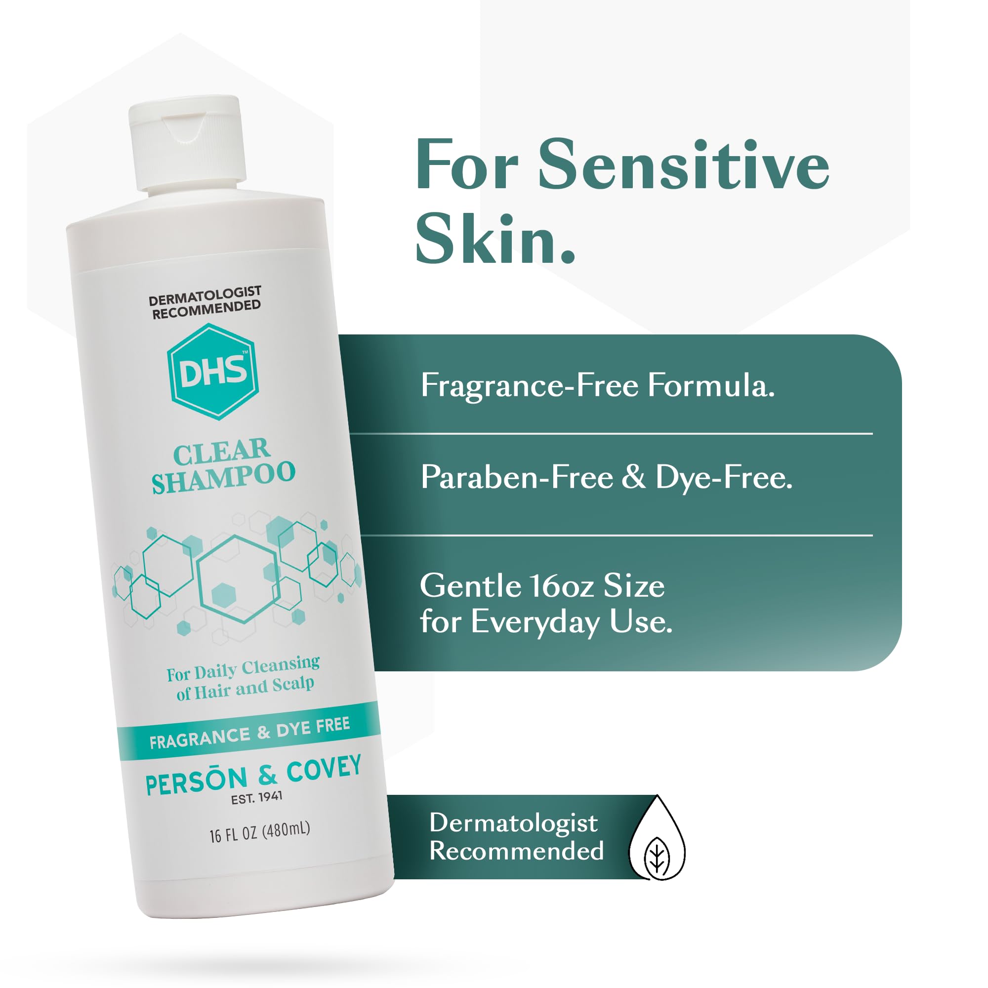 DHS Clear Shampoo closeup of ingredients emphasizes mild, sulfate-free formula.