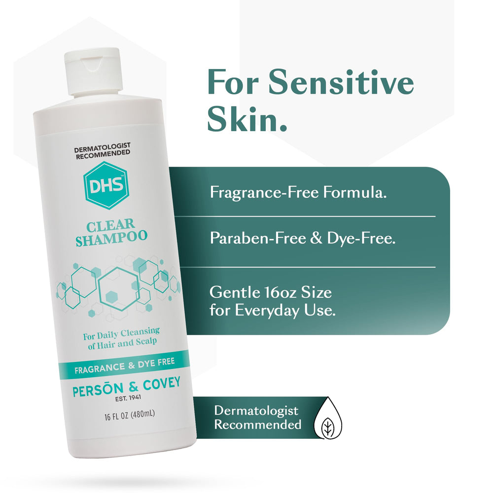 DHS Clear Shampoo closeup of ingredients emphasizes mild, sulfate-free formula.