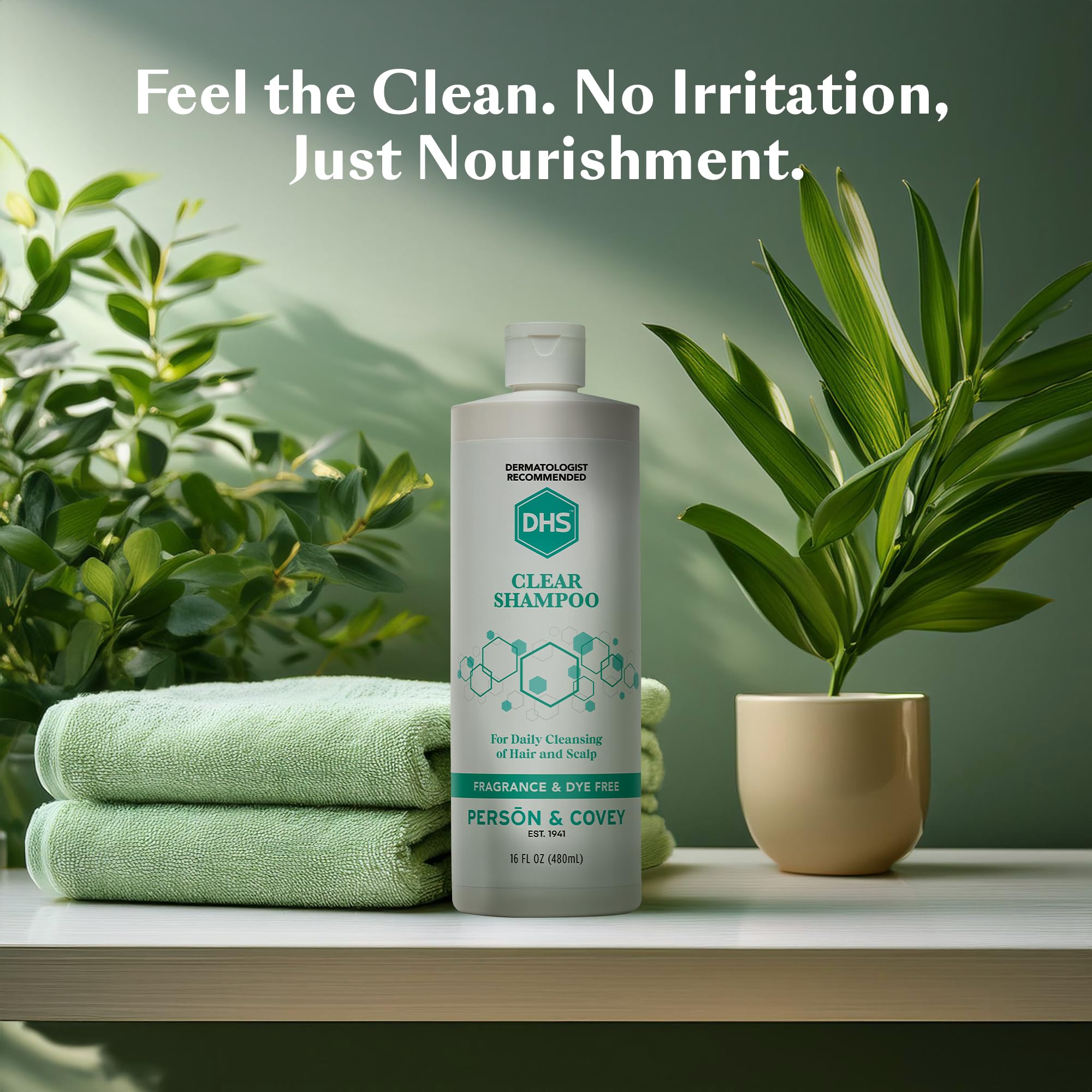 DHS Clear Shampoo dermatologist-recommended logo reflects trusted, mild clarifying care.