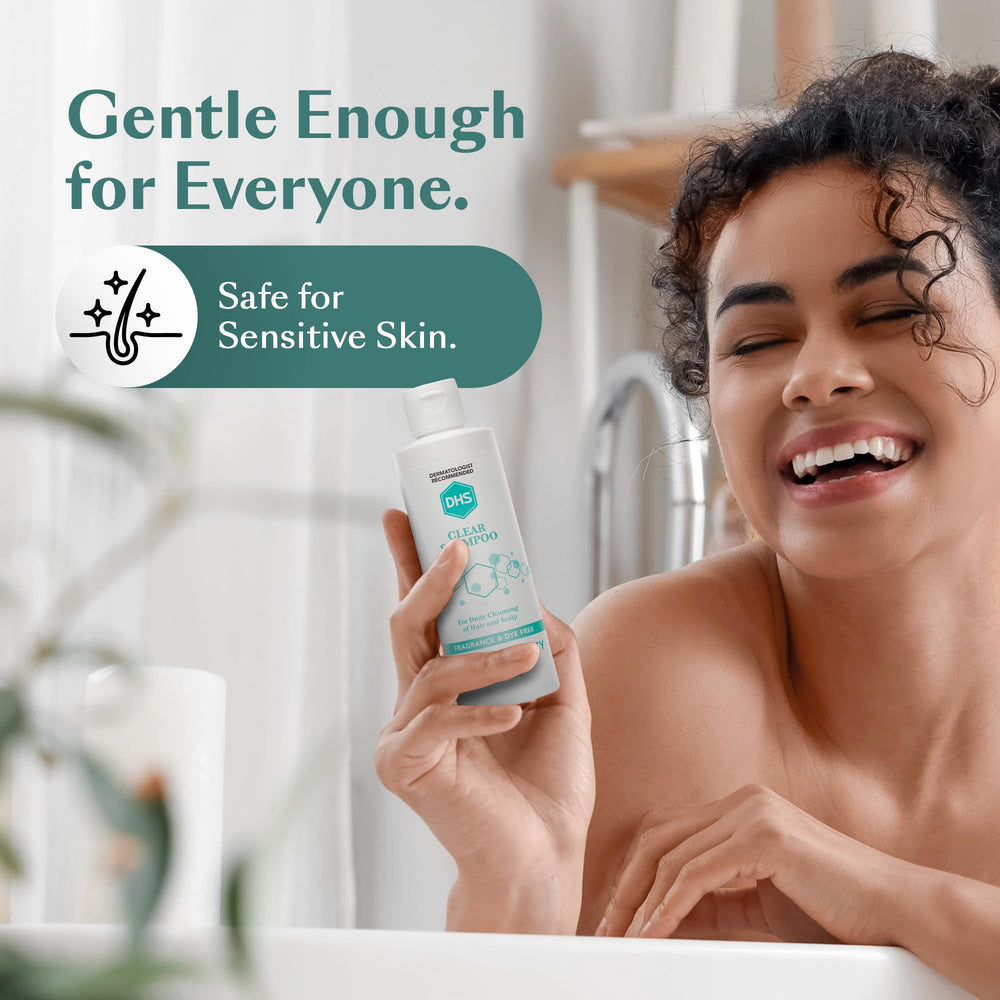 DHS Clear Shampoo scalp-care closeup emphasizes a pH-balanced formula.