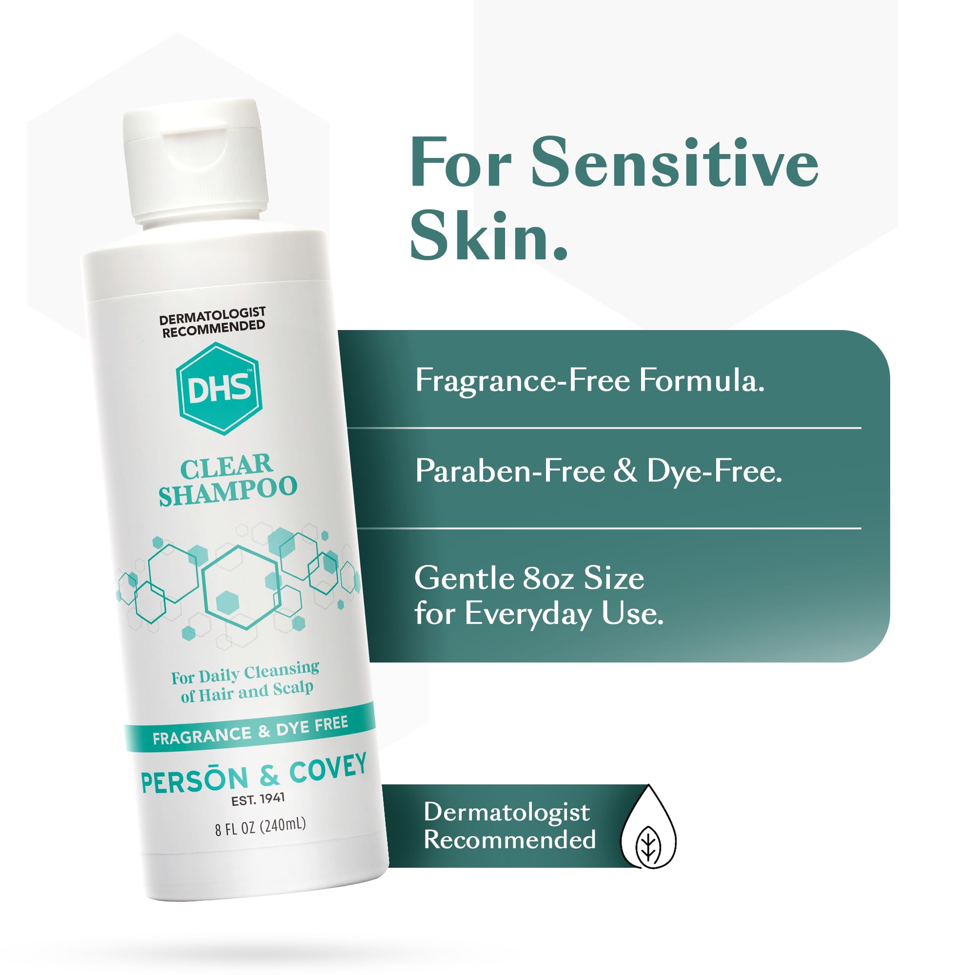 DHS Clear Shampoo unscented formula supports irritation-free washing for sensitive skin.