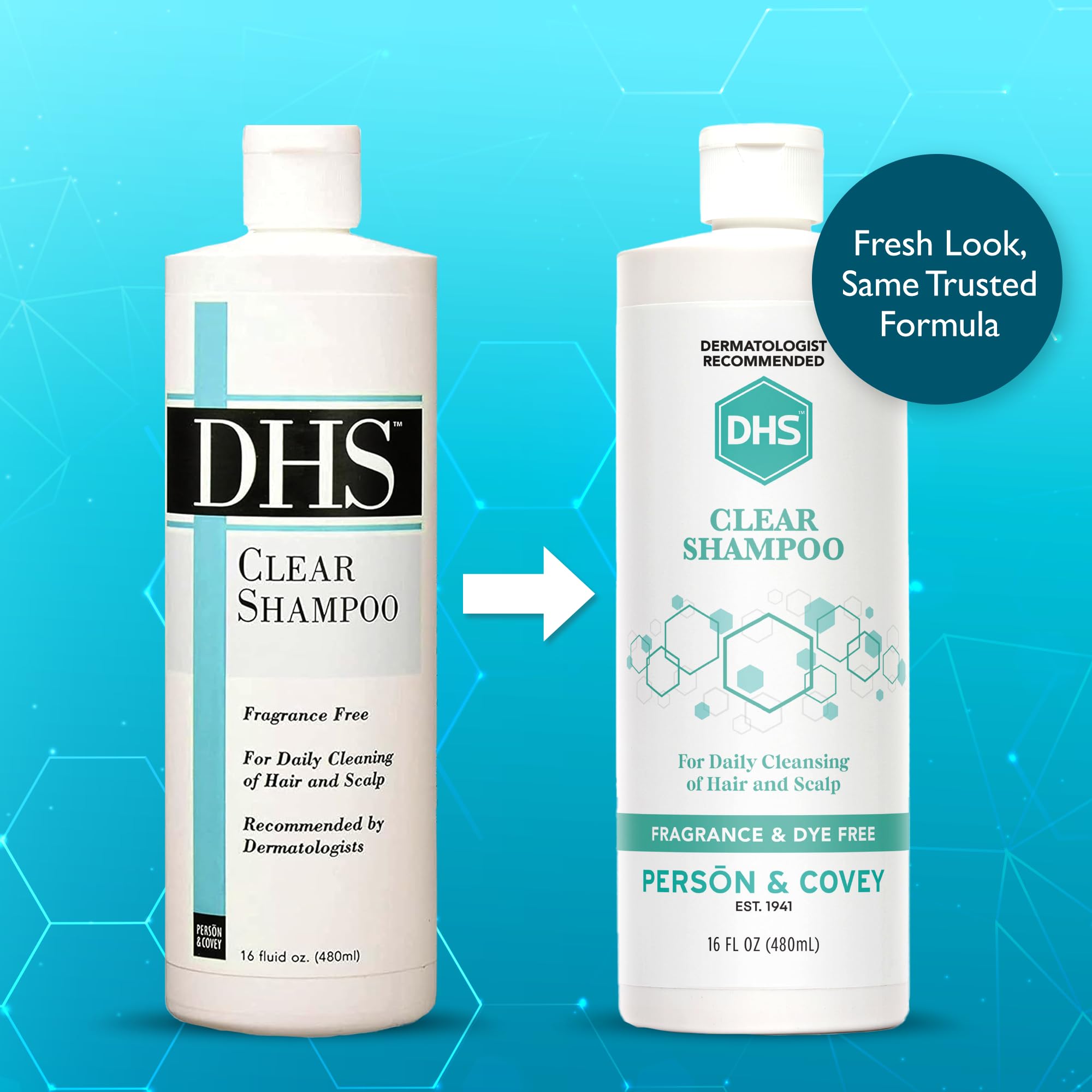 DHS Clear Shampoo unscented label close-up showing fragrance-free care.
