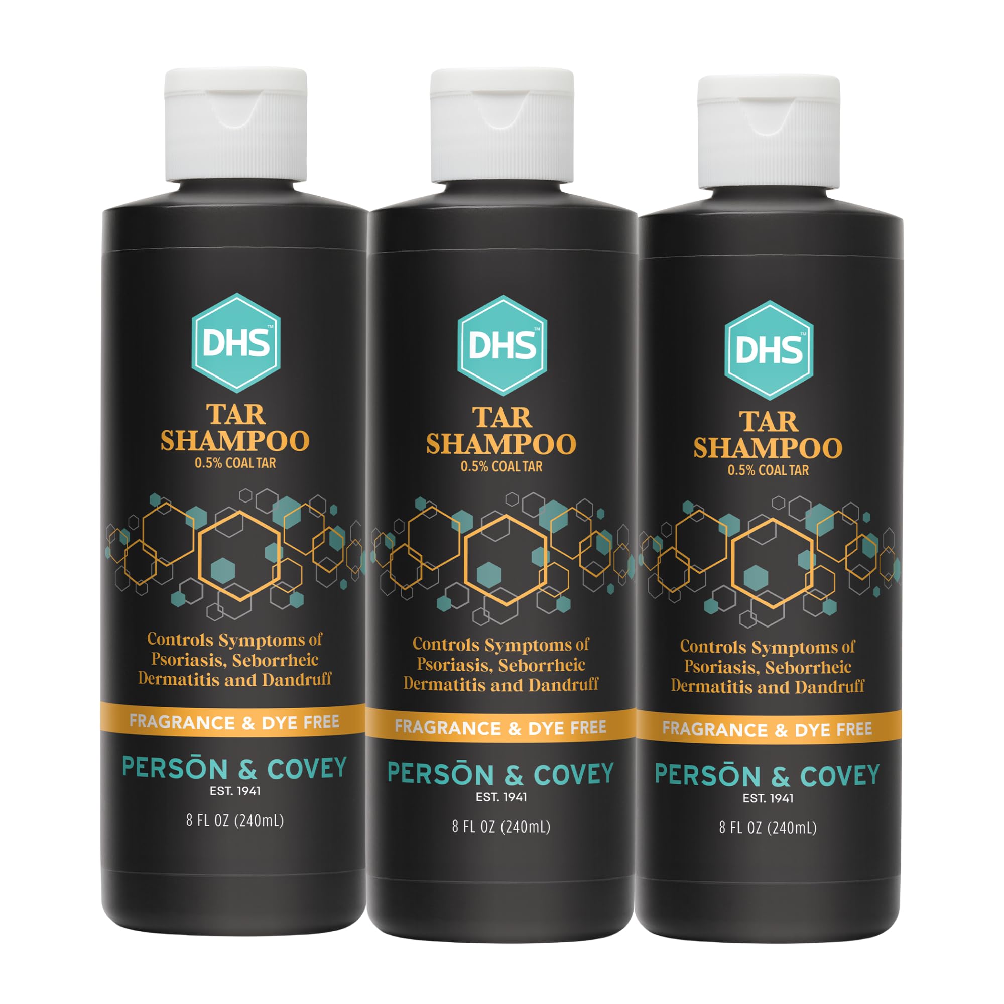 DHS coal tar shampoo bottle closeup for itch relief and scalp care