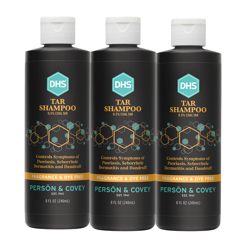DHS coal tar shampoo bottle closeup for itch relief and scalp care