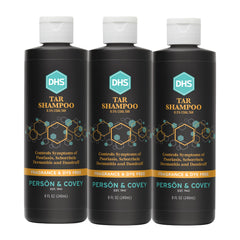 DHS coal tar shampoo bottle closeup for itch relief and scalp care