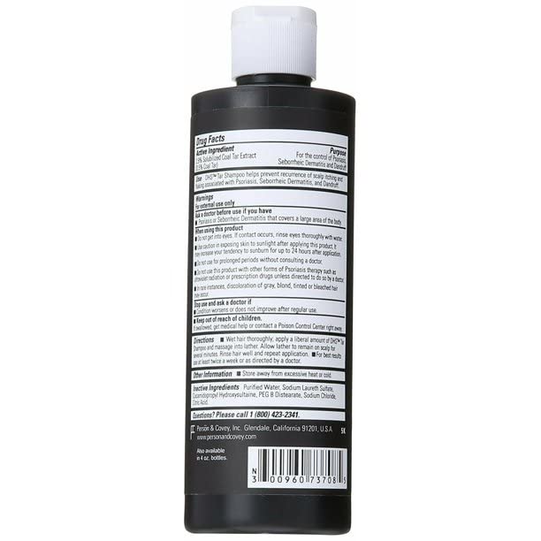 DHS Coal Tar Shampoo label close-up shows unscented, dye-free formula