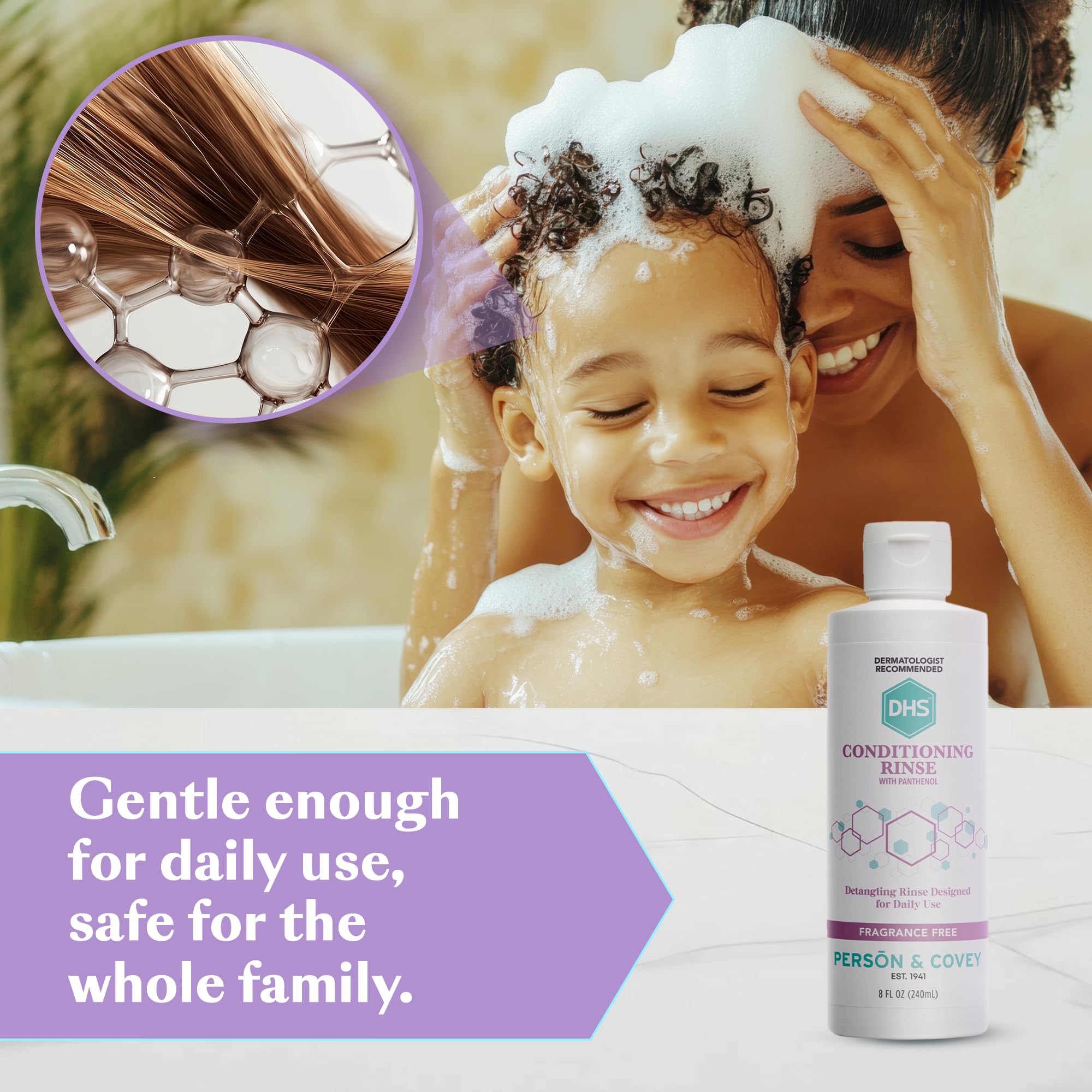 DHS Conditioning Rinse daily-use bottle on bathroom shelf