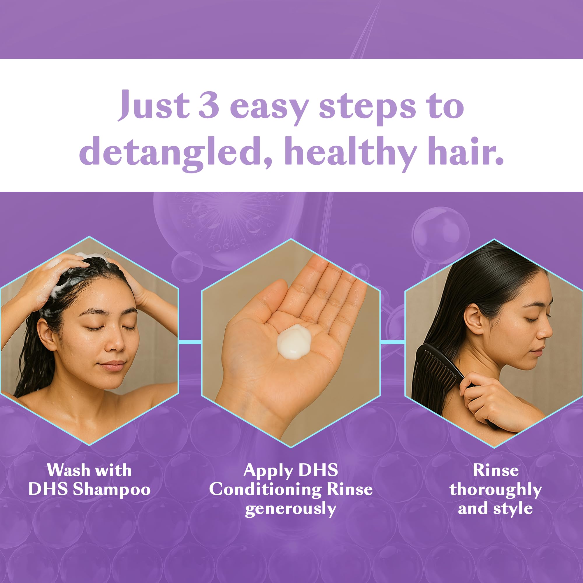 DHS Conditioning Rinse demonstrates frizz control and detangling after use.