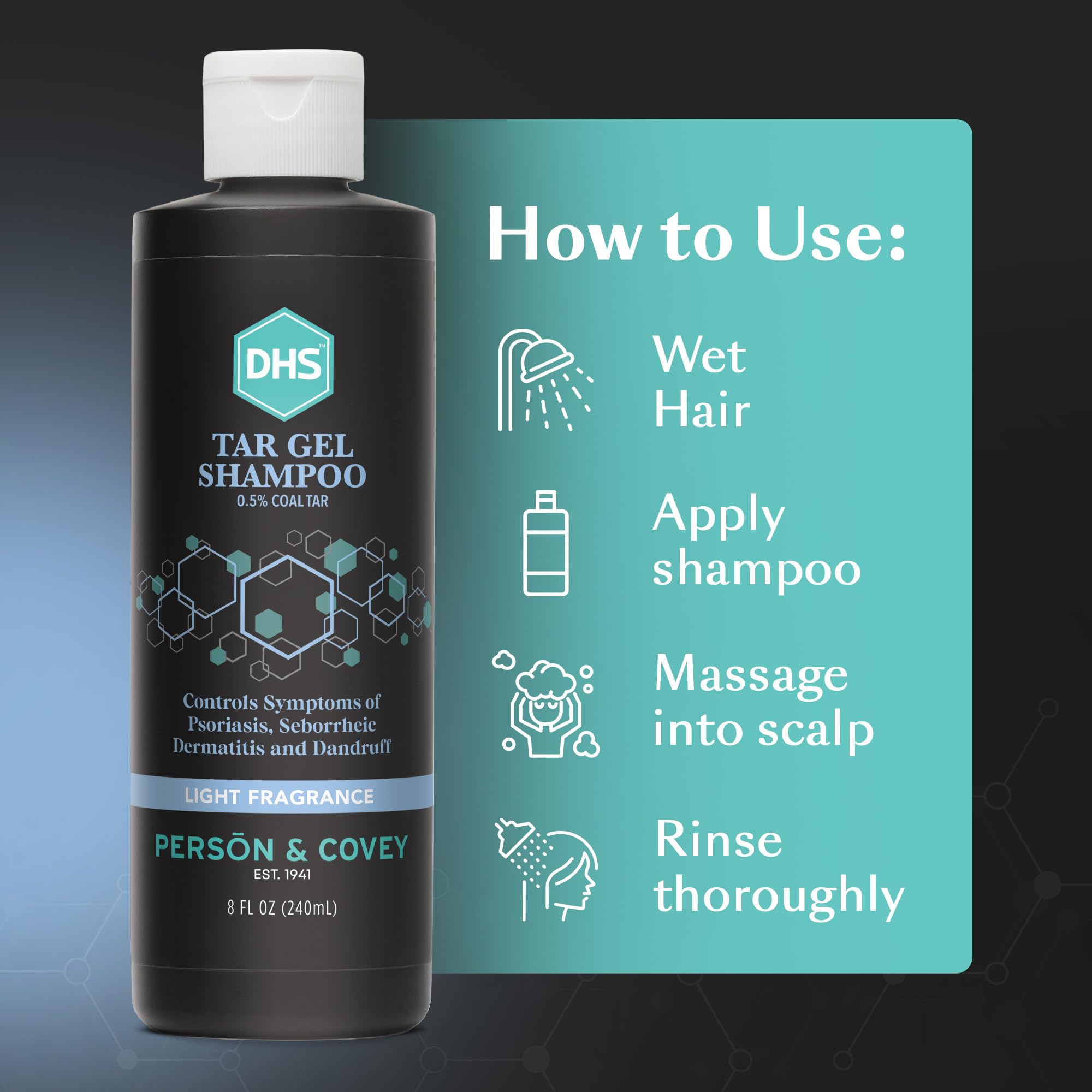 DHS T Gel Shampoo in a bathroom display with 8 oz bottle