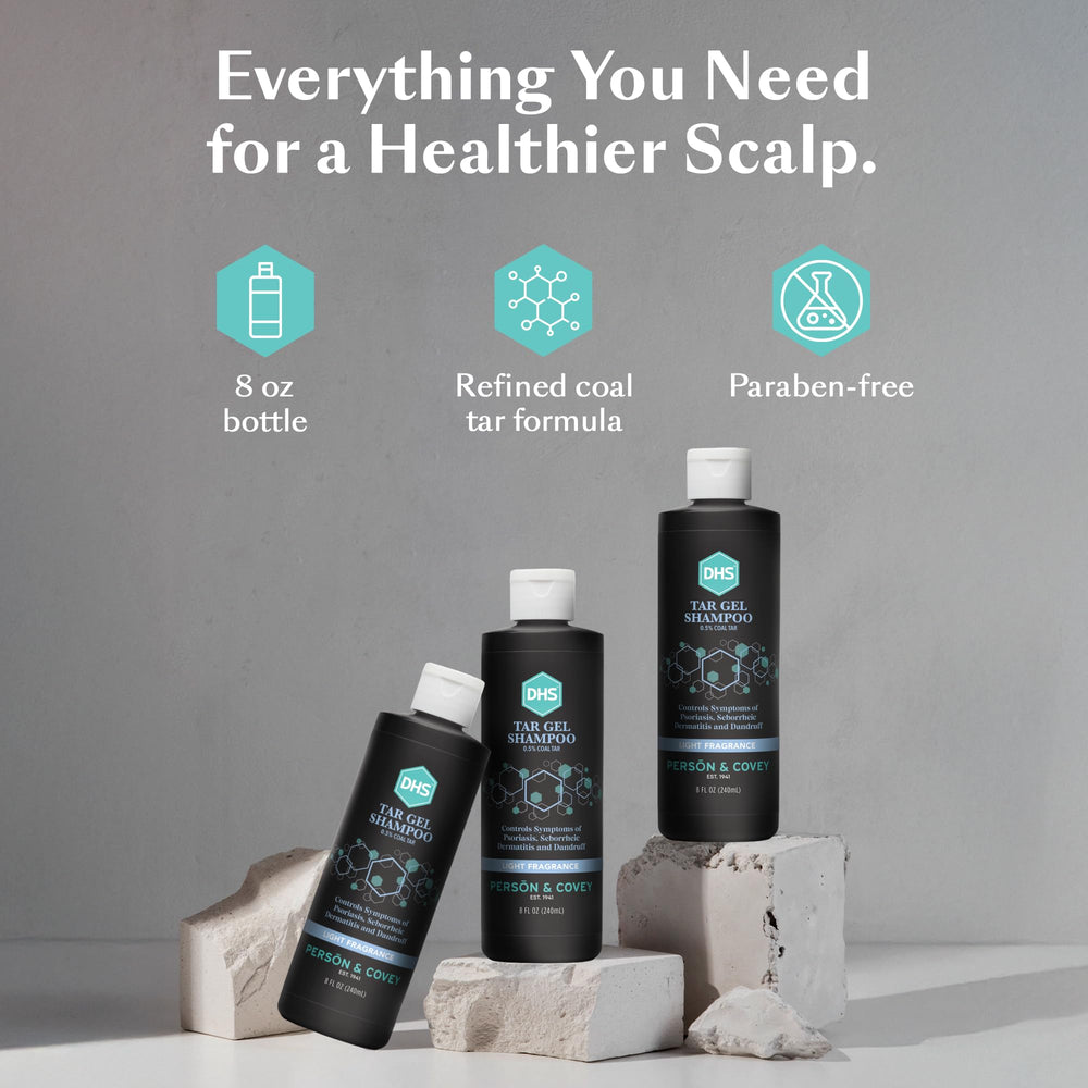 Close-up of DHS T Gel Shampoo gel formula highlighting refined coal tar