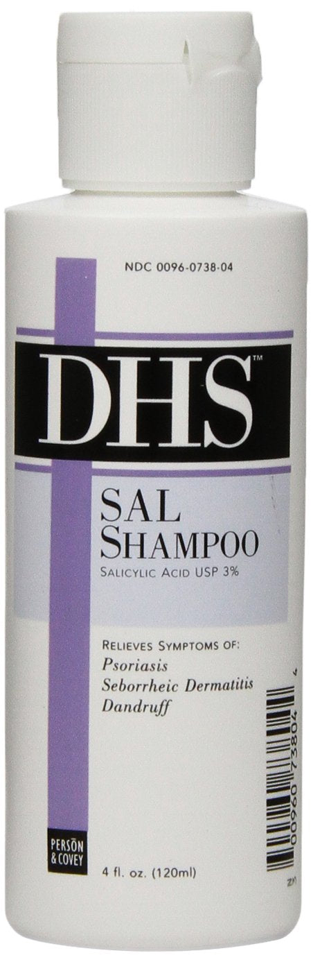 DHS Sal Shampoo bottle close-up highlighting scalp-care benefits.