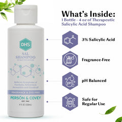 DHS SAL Shampoo with 3% salicylic acid active ingredient for scalp care.