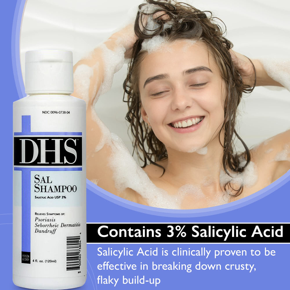 DHS SAL shampoo label closeup highlights 3% salicylic acid for flake reduction.