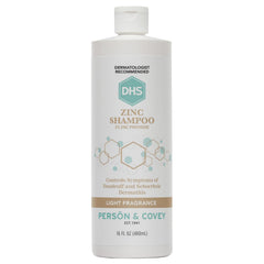 DHS Zinc Shampoo bottle closeup highlighting medicated formula for scalp relief