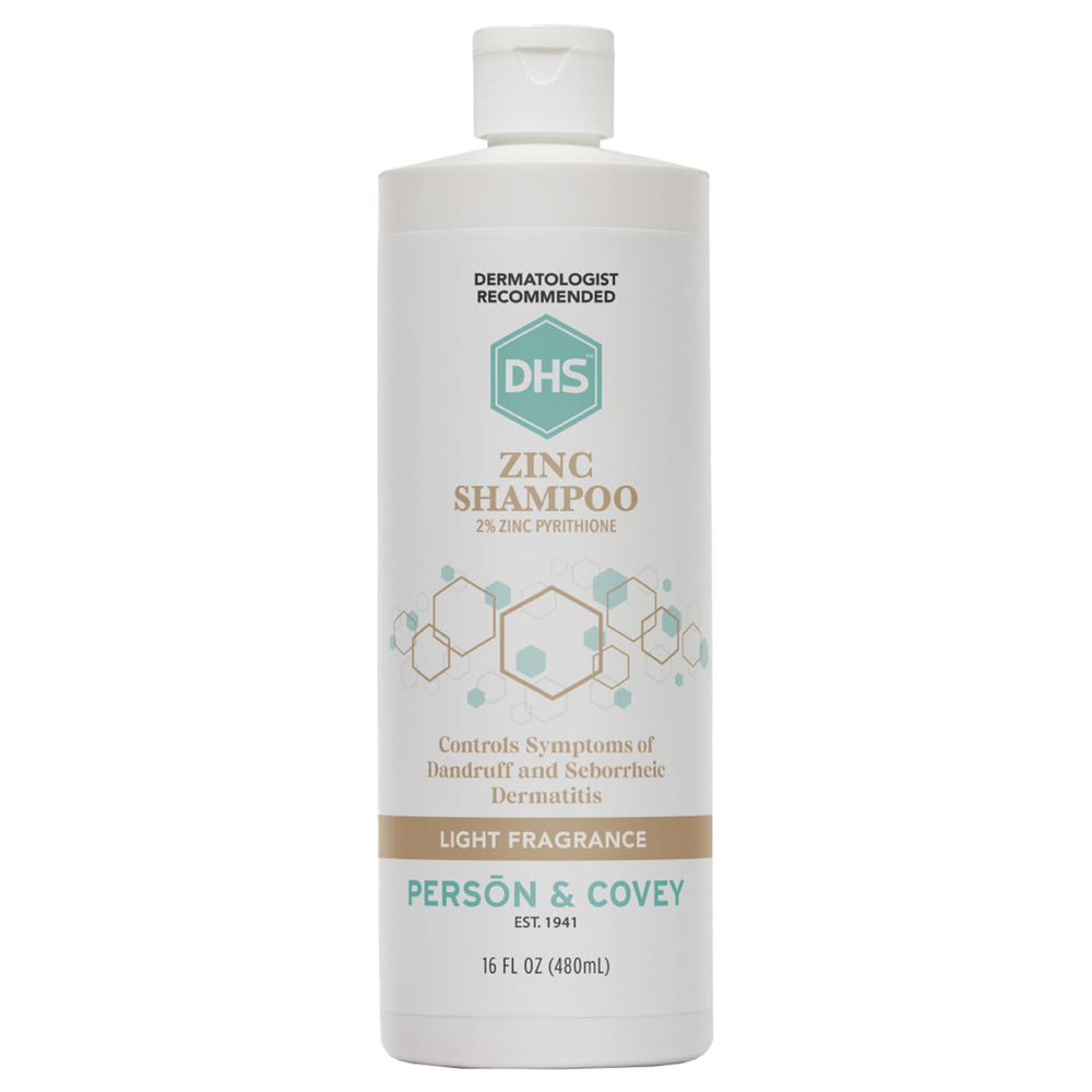 DHS Zinc Shampoo bottle front view highlights 16 oz size for convenient scalp care.