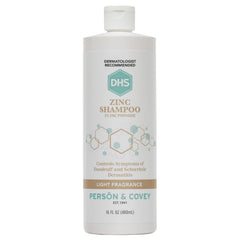 DHS Zinc Shampoo bottle front view highlights 16 oz size for convenient scalp care.