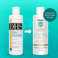 DHS Zinc Shampoo label close-up emphasizing zinc pyrithione and sulfate-free formula