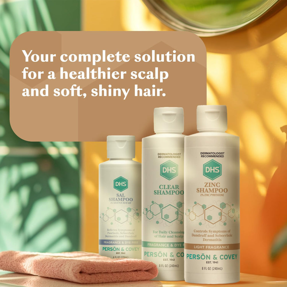 DHS Zinc Shampoo 8 oz packaging on bathroom shelf for easy access