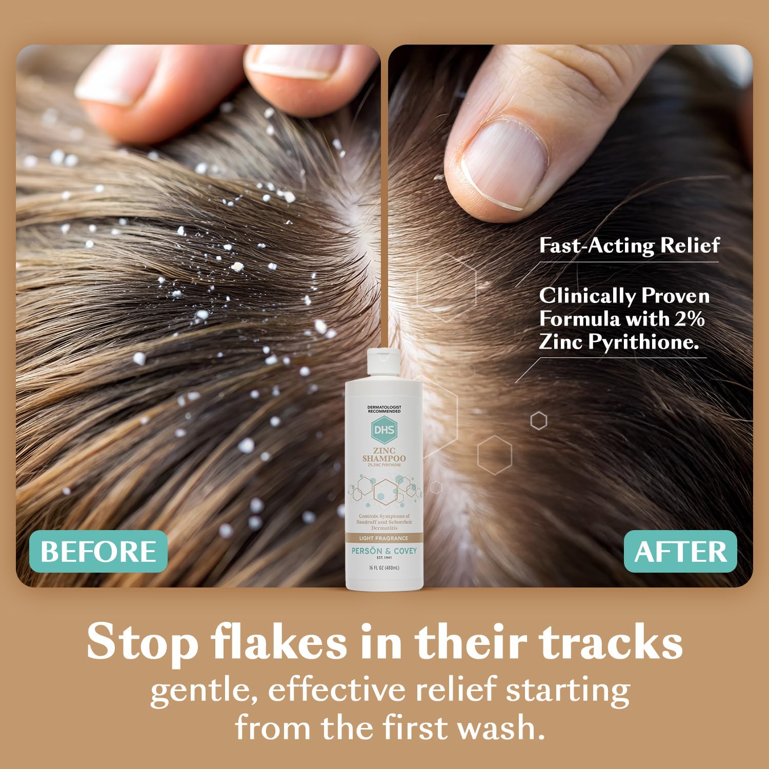 DHS Zinc Shampoo pour-closeup captures creamy lather and easy detangling.