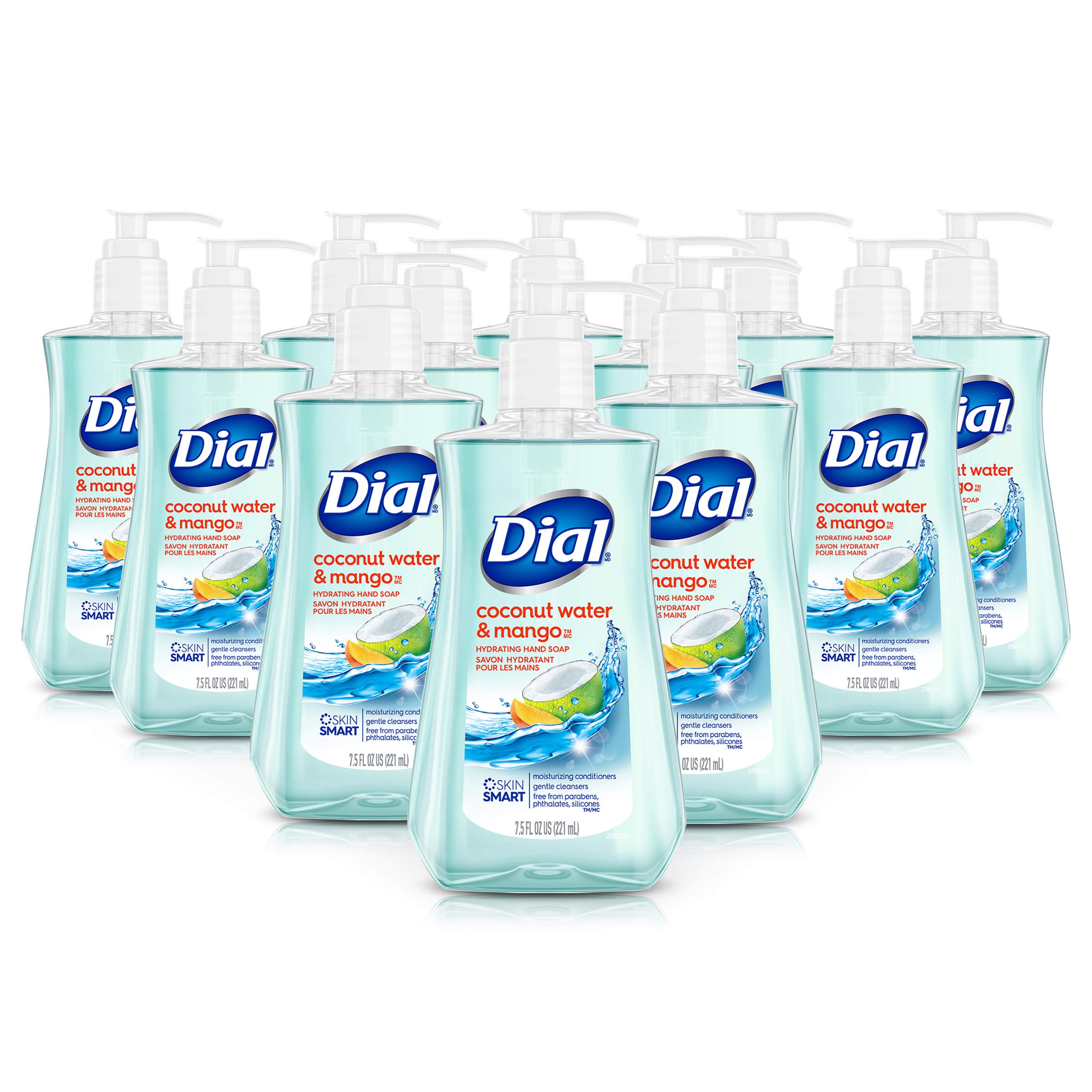 Dial Coconut Water Mango bottle highlighting hydrating, gentle hand cleansing.