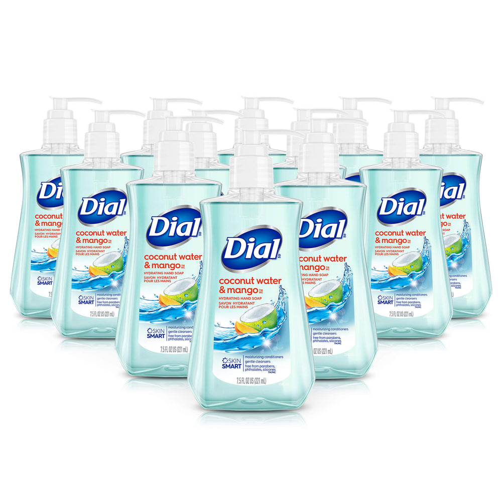 Dial Coconut Water Mango bottle highlighting hydrating, gentle hand cleansing.
