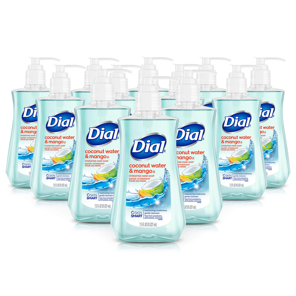 Dial Coconut Water Mango bottle highlighting hydrating, gentle hand cleansing.