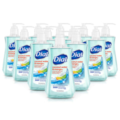 Dial Coconut Water Mango bottle highlighting hydrating, gentle hand cleansing.