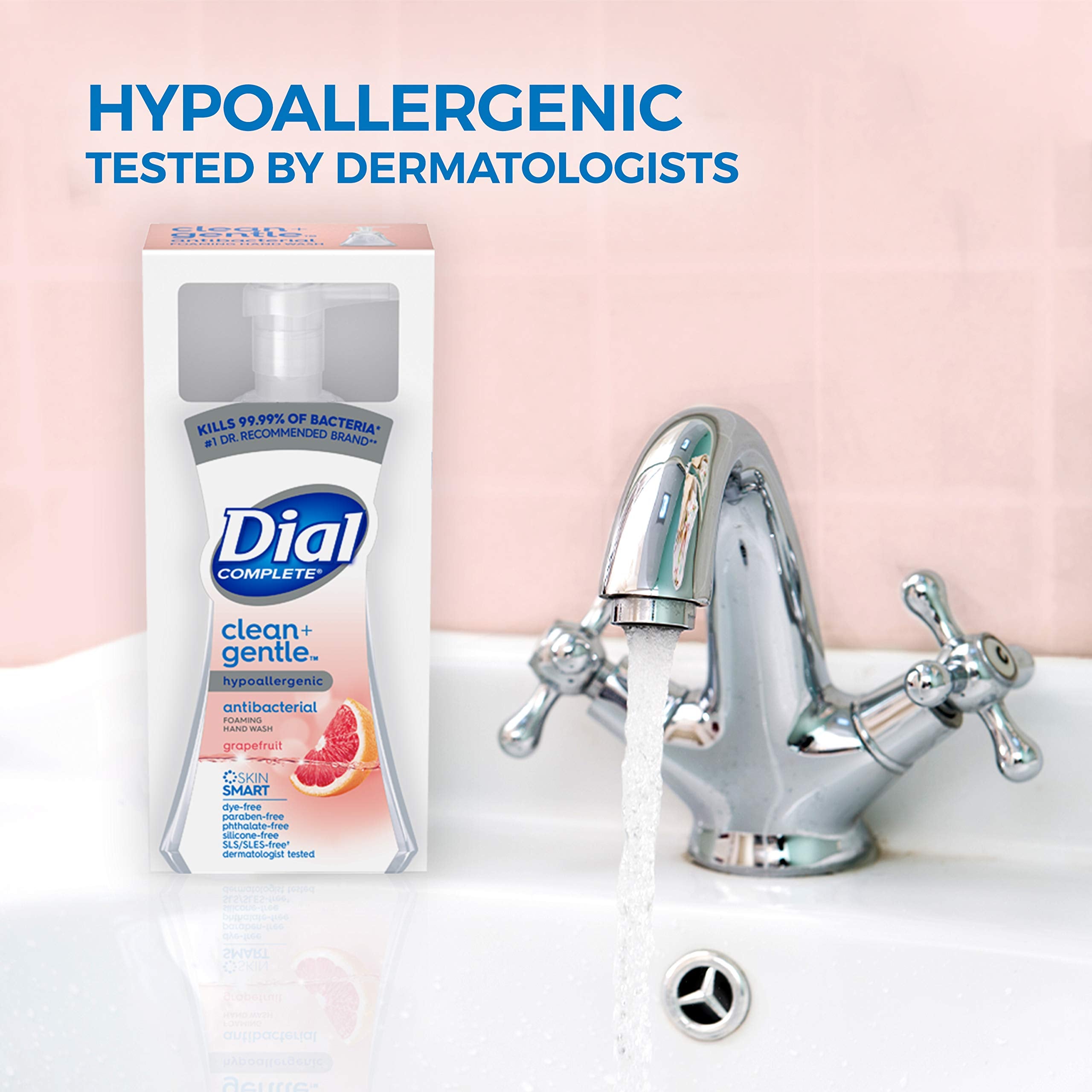 Dial Complete Clean + Gentle hands-foam in use illustrates gentle cleansing.