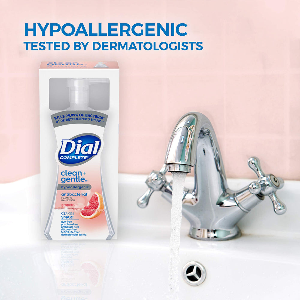 Dial Complete Clean + Gentle hands-foam in use illustrates gentle cleansing.