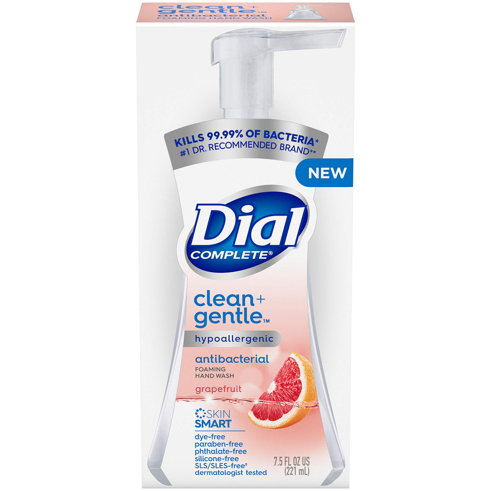 Dial Complete Clean + Gentle recyclable bottle highlighted for sustainability.